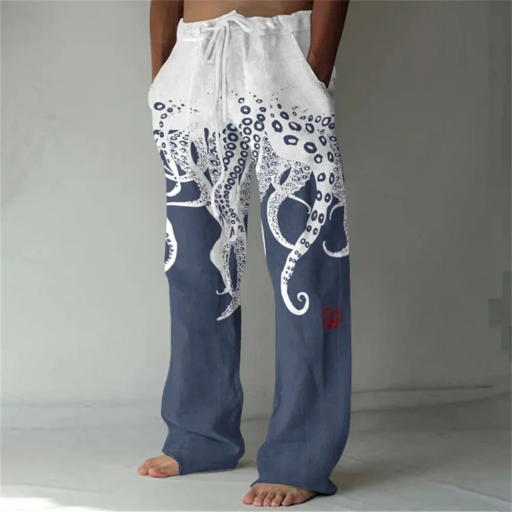 Summer trendy brand versatile daily beach pants octopus pattern 3D printed casual plus size men's casual pants