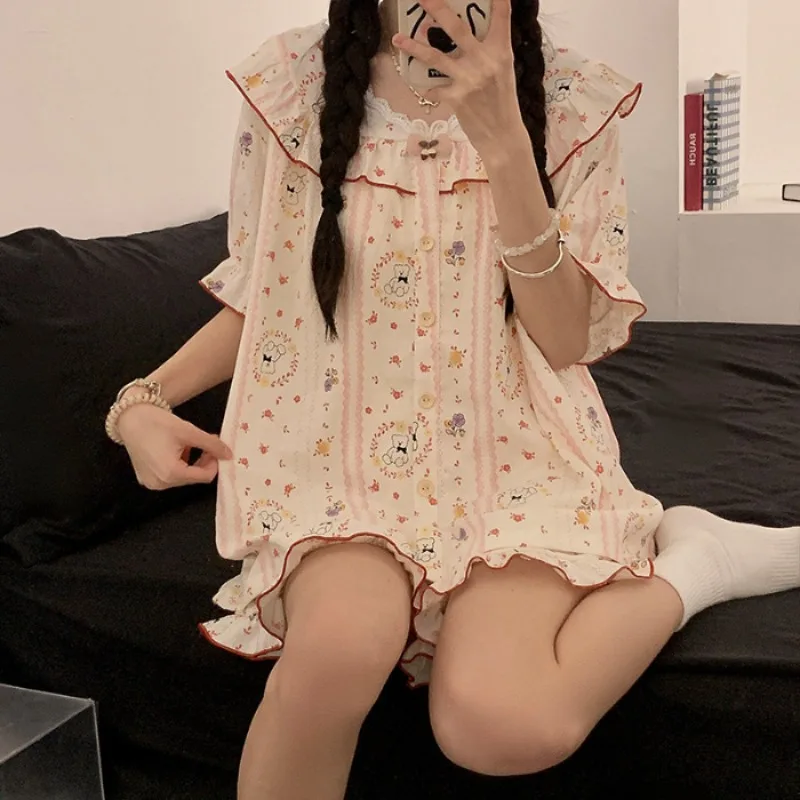 Летний пижамный комплект большого размера, 140 кг, женский корейский студенческий милый пижамный комплект с героями мультфильмов, шорты с короткими рукавами, комплект из 2 предметов, домашняя одежда