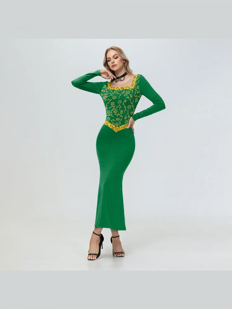 Fsia de Cosplay da Princesa Fiona do Monstro Sek, Vestido Longo Verde, Estilo Escuro, Saia de Poliéster Impra para P...