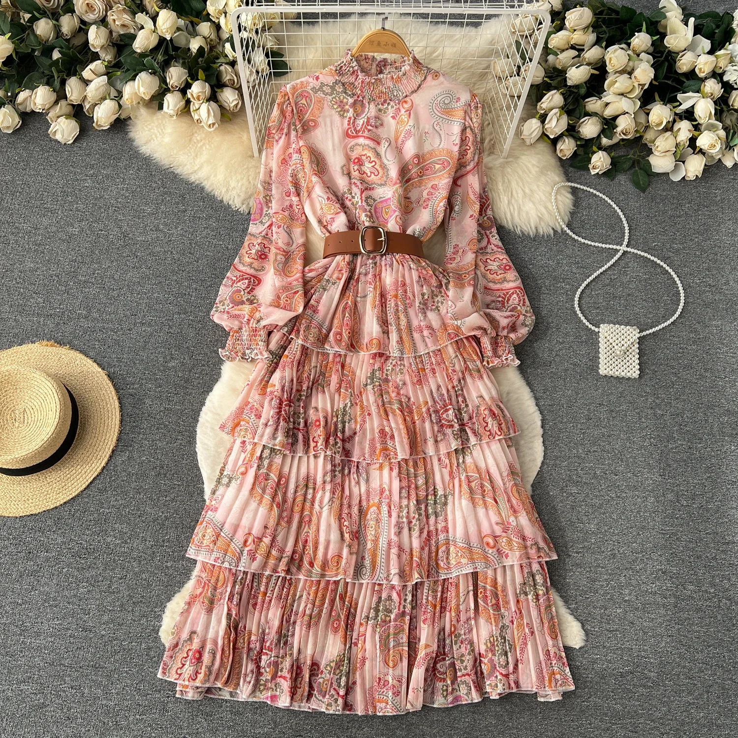 Stand-up Collar Mesh Long-sleeved Printed Dress Blet Slim Waist A-line Cascading Pleated Ruffles Robe 2025 New Chic Ropa Mujer