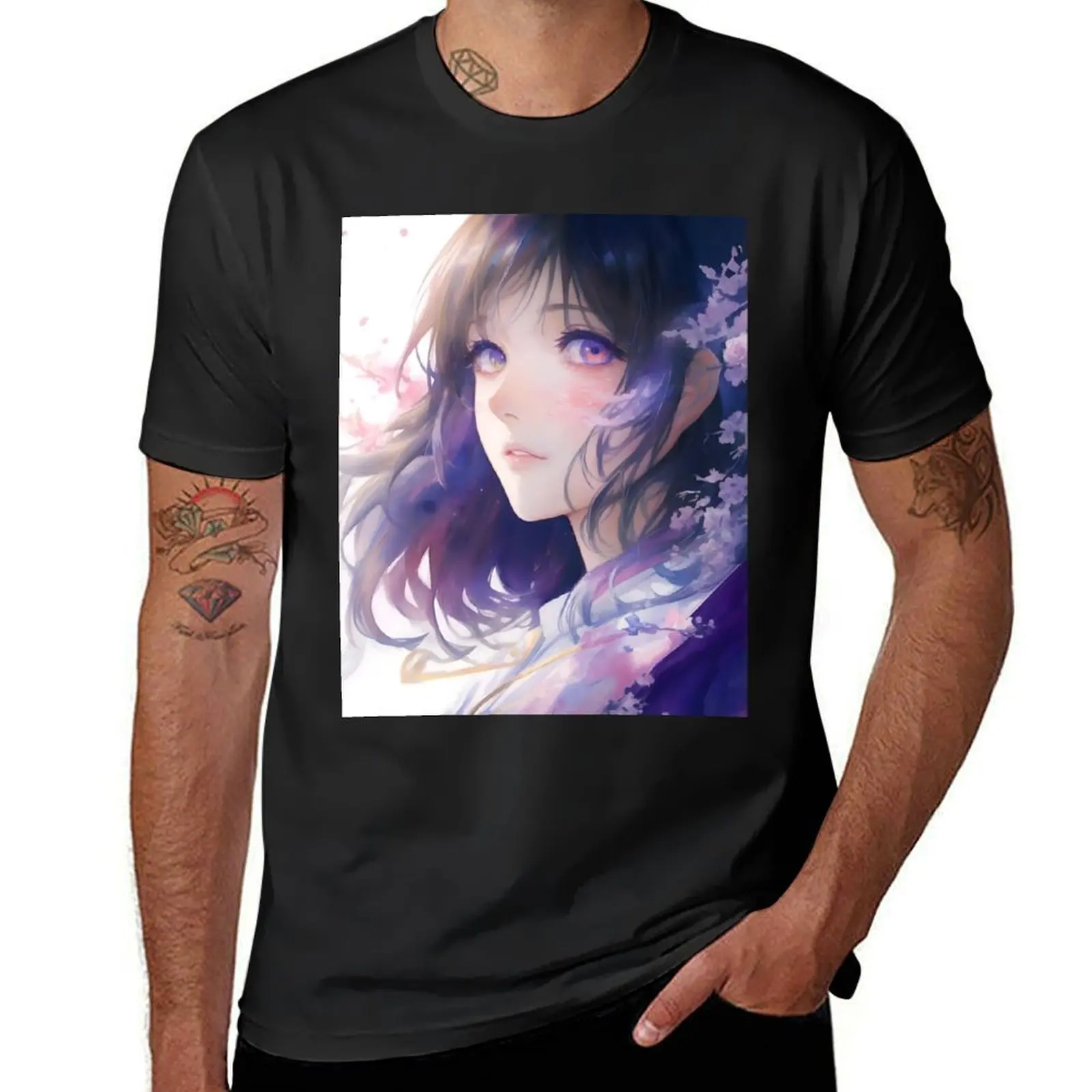 

Anime girl surrounded by flowers and watercolor splashes T-Shirt korean fashion summer top summer tops T-shirts for men cotton