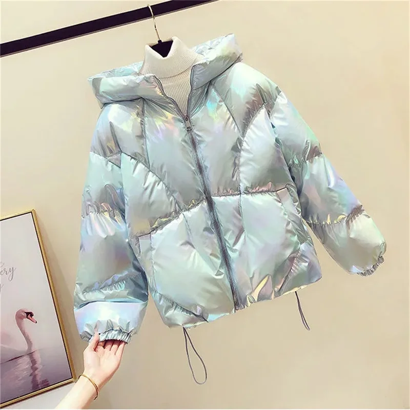 Chaqueta de plumón de algodón con capucha corta acolchada, abrigo grueso, ropa de pan, Parka blanca brillante plisada, moda de invierno, novedad de