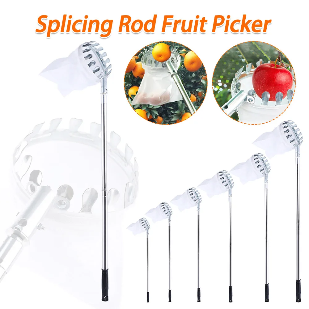 Stainless Steel Splicing Rod High Tree Orchard Picking Tool Fruit Picking Tool Fruits Catcher for Apples Mango Lemon Orange