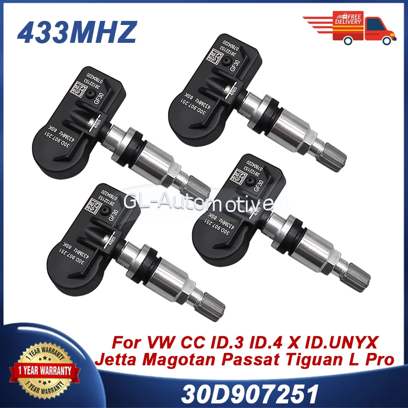 1/4 шт. 433 МГц 30D907251 датчик TPMS датчик давления в шинах для Volkswagen CC ID.3 ID.4 X Jetta Magotan Tiguan L Pro Passat 1/4 шт. 433 МГц 30D907251 датчик TPMS датчик давления в шинах для Volkswagen CC ID.3 ID.4 X Jetta Magotan Tiguan L Pro Passat