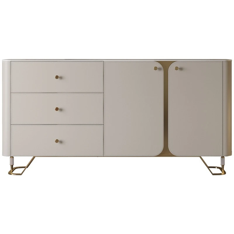 

Обеденный боковой шкаф из седельной кожи, высокий встроенный шкаф, настенное хранилище в светлый ресторан для гостей, роскошная каменная плита.