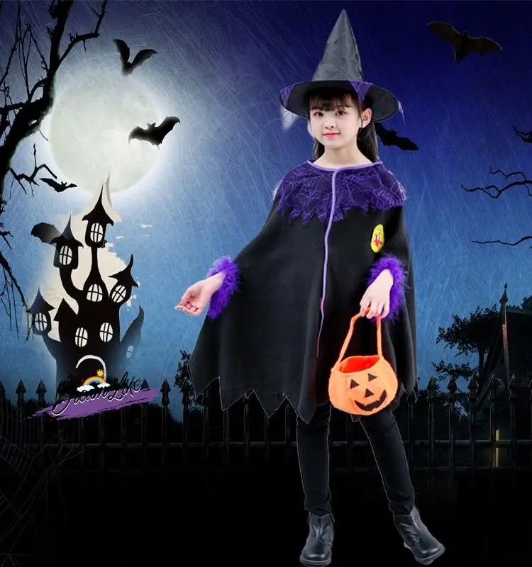 Halloween Kinderkostuum Meisjes Heksenjas Cosplay Heksenkleding Tovenaar Rollenspel Kleding Fem Peuter Dr