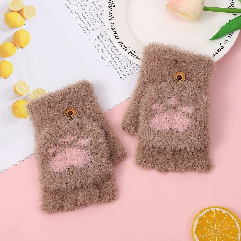 Cute Soft Cat Paw Gloves Thicken Short Fingerless Half Finger Gloves Flip Up and Down Touch Screen Warm Mittens Outdoor
