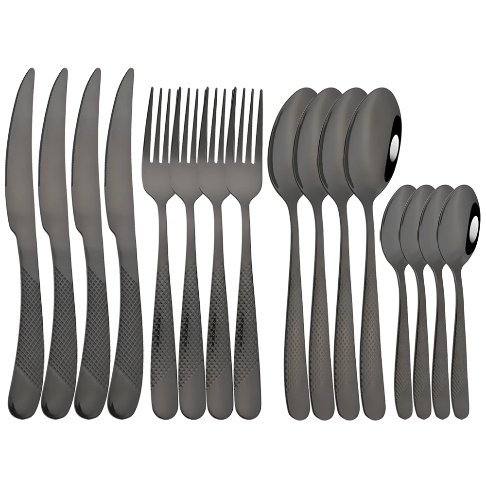 

16Pcs Coffee Tea Spoon Fork Knife Cutlery Set Black Dinnerware Set Mirror Stainless Steel Tableware Wedding Flatware Kitchenware