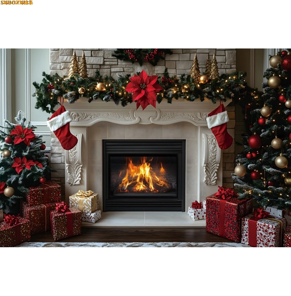 

Fireplace Backdrop Burning Fire Xmas Tree Gifts Family Christmas Party Photography Background Decor Photo Studio Photoshoot Prop