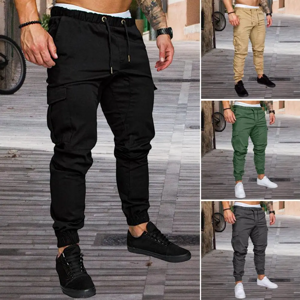 

Elastic Waist Trousers Men's Cargo Pants with Ankle-banded Design Multiple Pockets Elastic Waist for Gym Training for Comfort