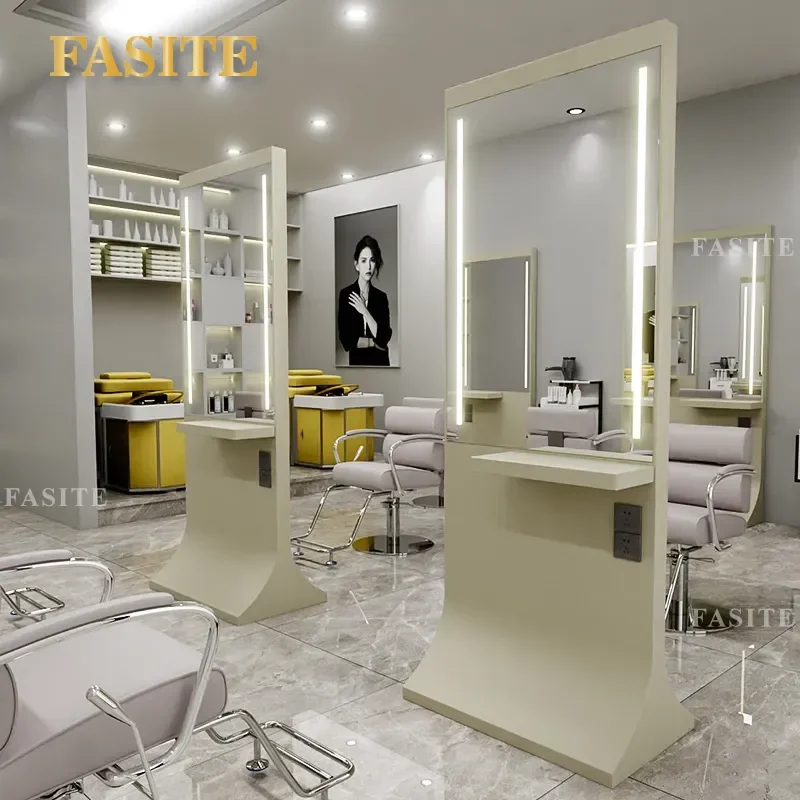 For Nail Beauty Mirror Table with Lamp Single Sided Double Sided Wall Mounted Barber Shop Luxury Lighted Vanity Desk