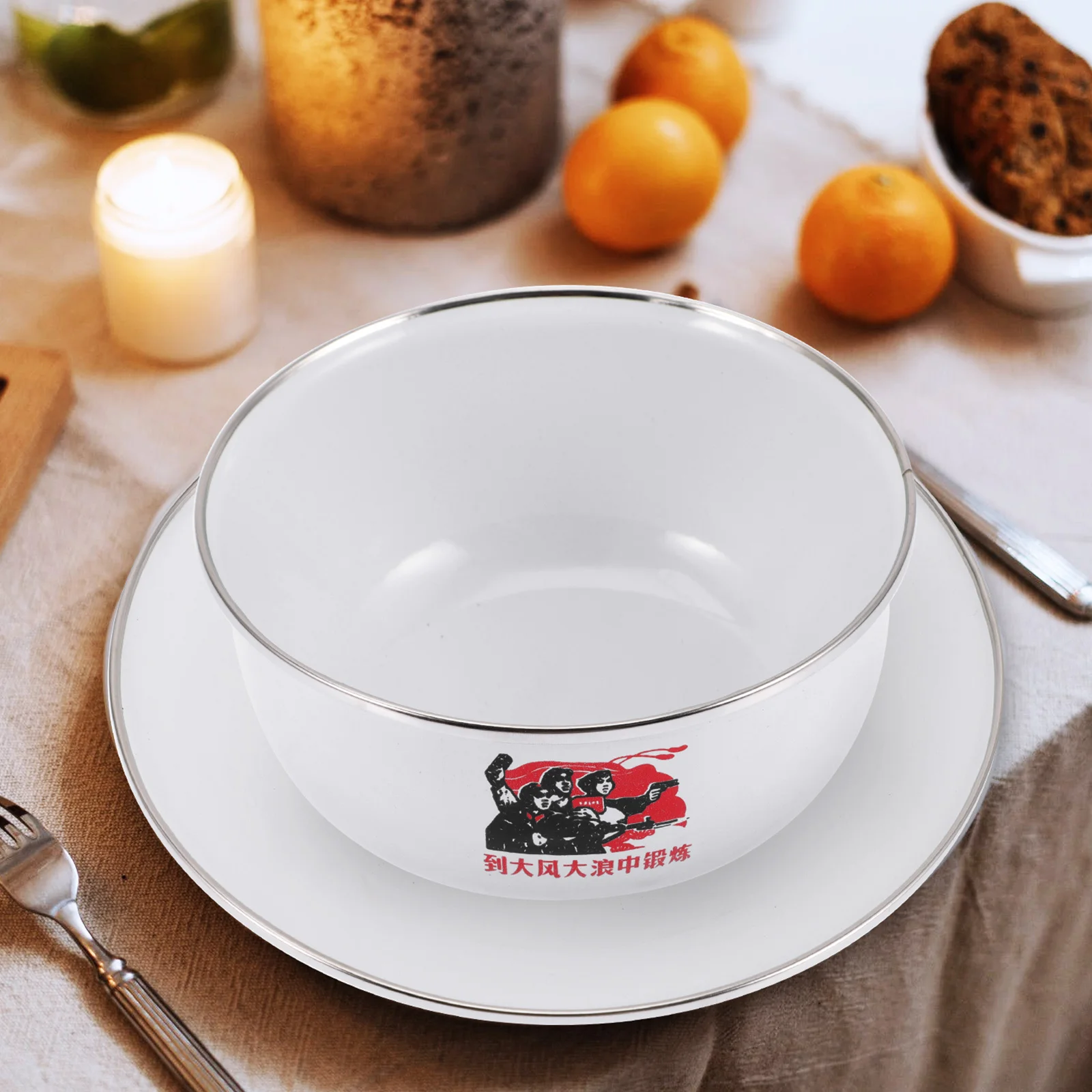 

1Set Enamel Dinner Plate Bowl Cup Practical Household Tableware Soup Food Serving Set Food Plate Enamel Mug Drinking Cup