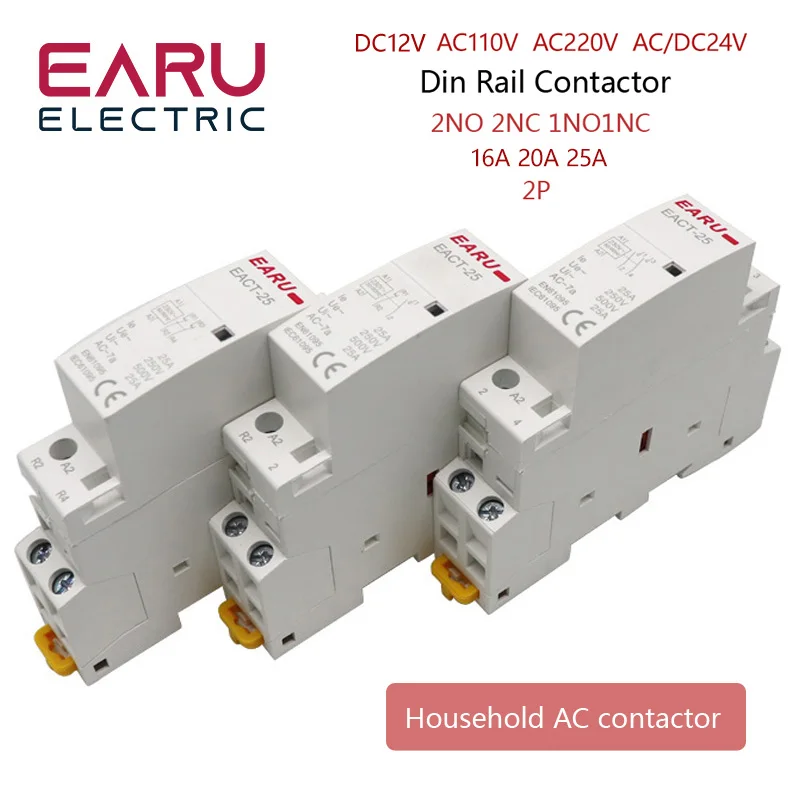 2P 16A 20A 25A 1NO 1NC 2NO 2NC AC 220V 230V 50/60Hz Din Rail Mounted Household Modular AC Contactor for Smart Home House Hotel