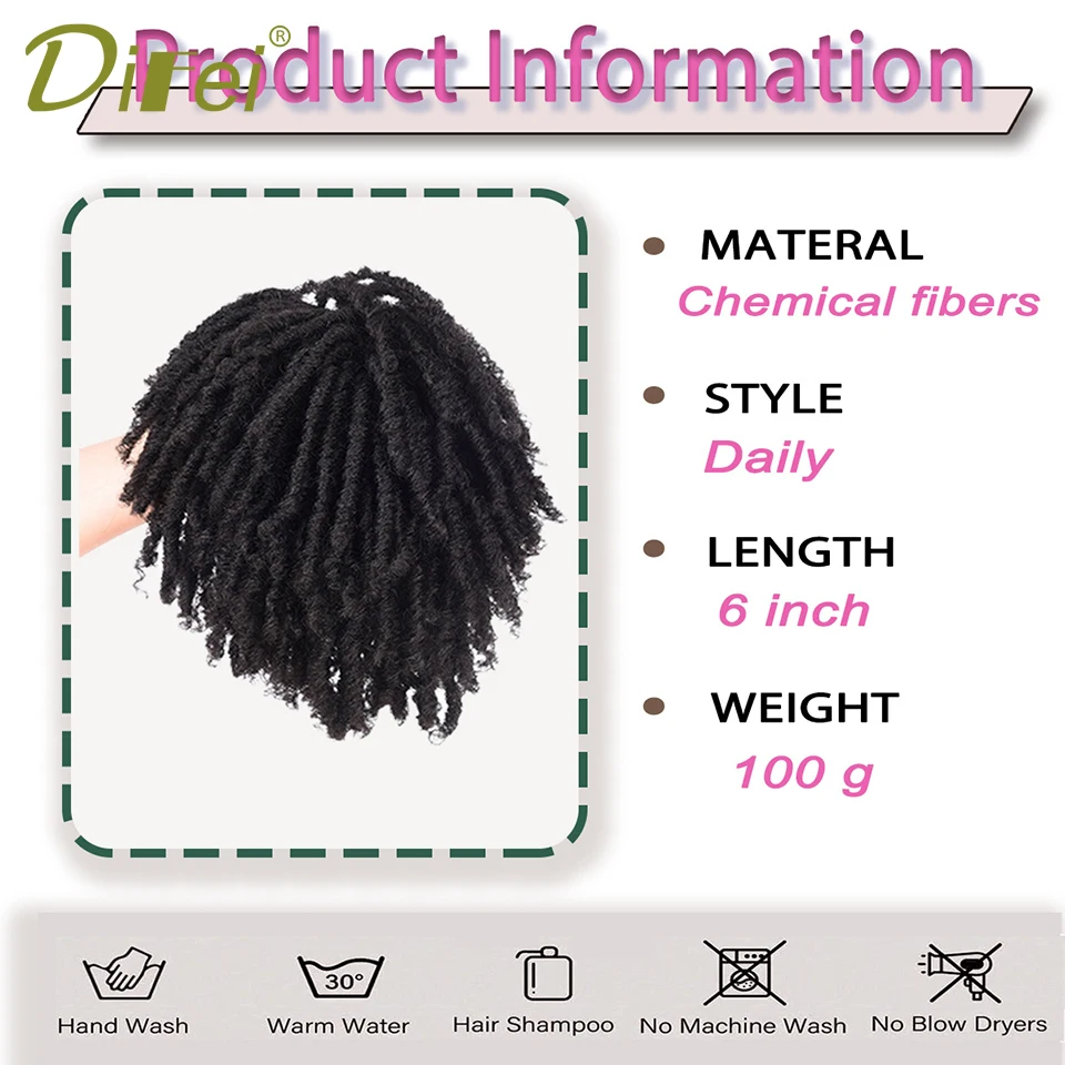 DIFEI-peruca sintética de cabelo encaracolado para homens e mulheres, fibra química espiral, trança suja, cabelo trançado, 6 polegadas