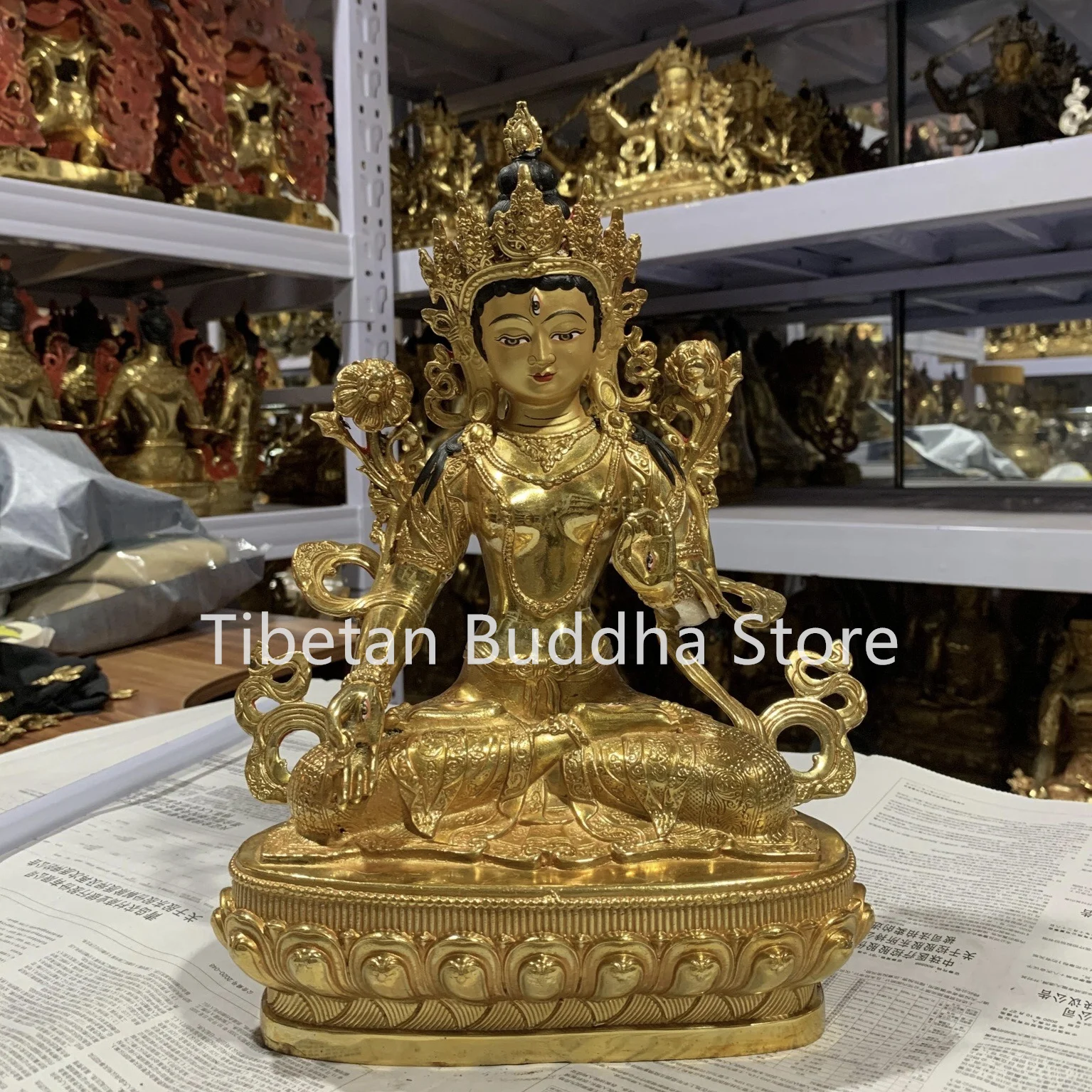 12 inch White Tara Pure Copper Precision Craftsmanship New Tibetan Buddha Statue Fully Gilded Guanyin Home Decoration