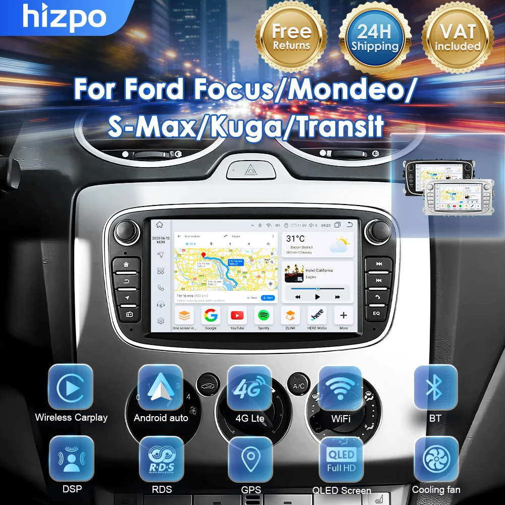 Hizpo Autoradio Multimediale da 7 Pollici per Ford Focus Mondeo C-MAX S-MAX Galaxy II Kuga con Navigazione GPS, Carplay Wireless e Android Auto