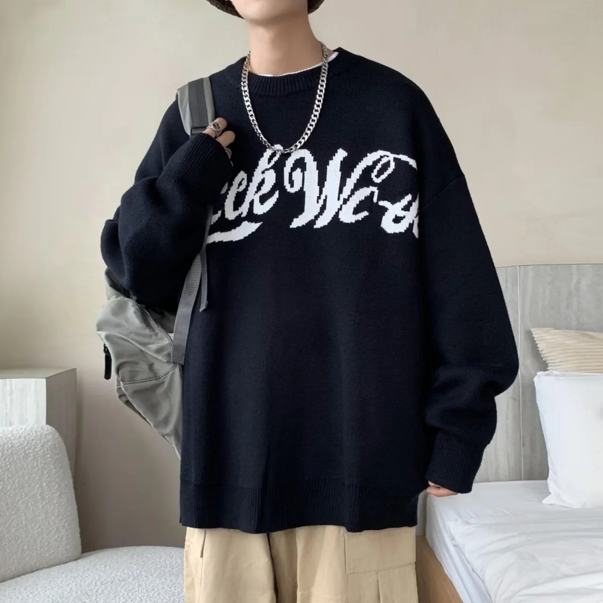 

Мужской повседневный свободный вязаный свитер Thiened, универсальная осенне-зимняя модная верхняя одежда, мягкое полиэфирное волокно, стандартная посадка