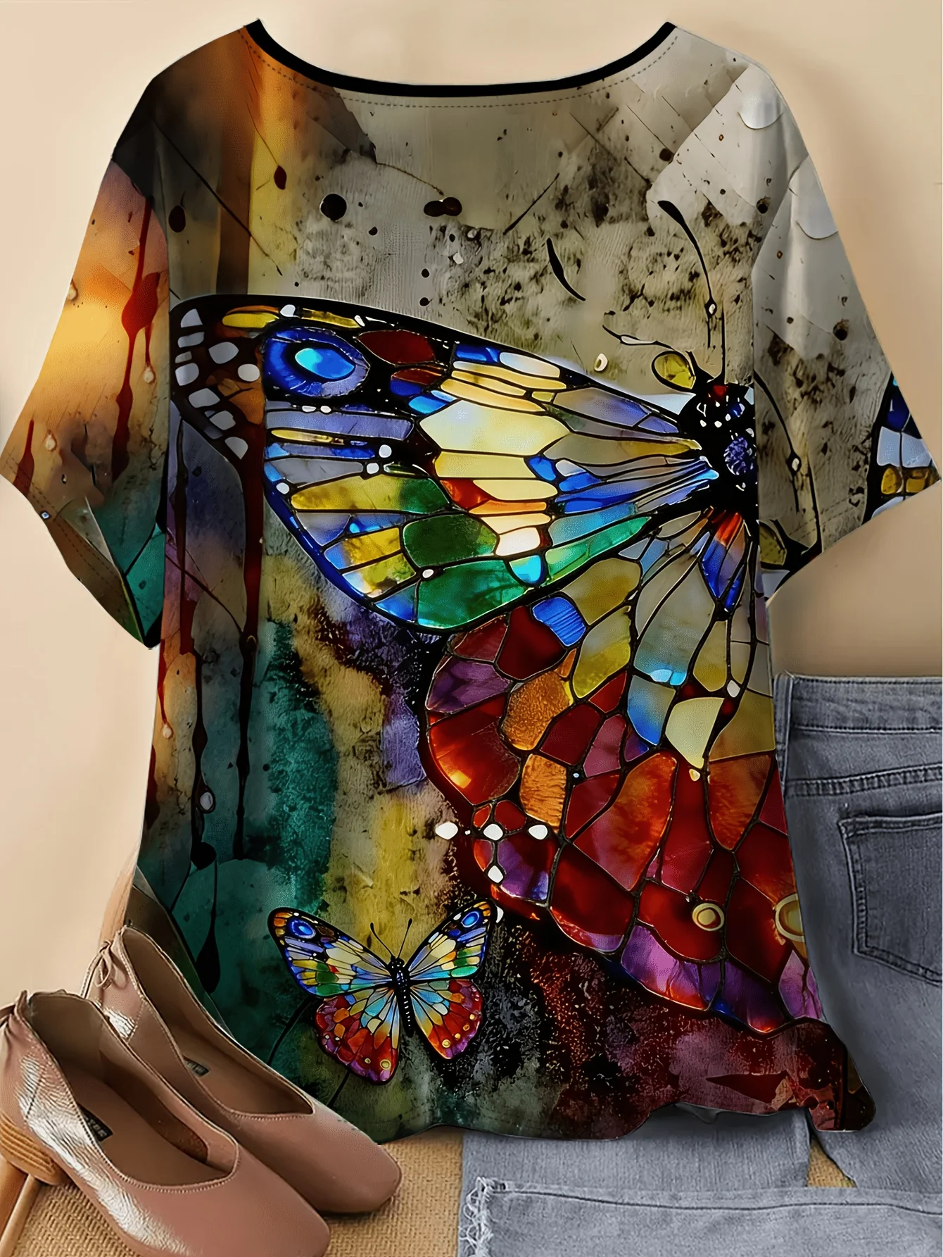 Women Round Neck Short Sleeve T‑shirt Stained Glass Butterfly Watercolor Splash Print Loose Casual Daily Tee Top Women's Clothes