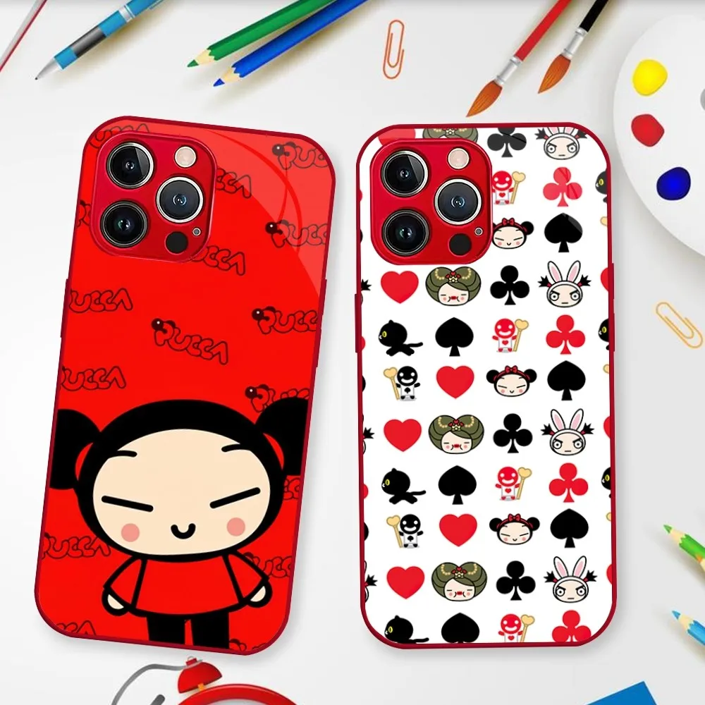 MINISO Disney Cartoon P-Pucca Phone Case For iPhone 11 12 13 14 Mini Pro XS Max X S Plus XR Electroplated Painted Glass Shell