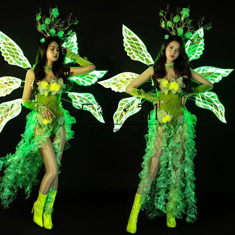 

LED Luminous Wings Angel Fairy Amusement Park Dress Fantasy Forest Green Flower Dress Stage Show Performance Dance Suit Catwalk