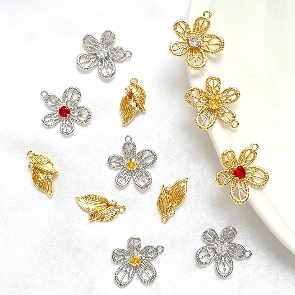 Copper Plated with Genuine Gold Zircon Inlay Hollow Flower and Leaf Pendant DIY Fashion Jewelry Making Accessory Materials