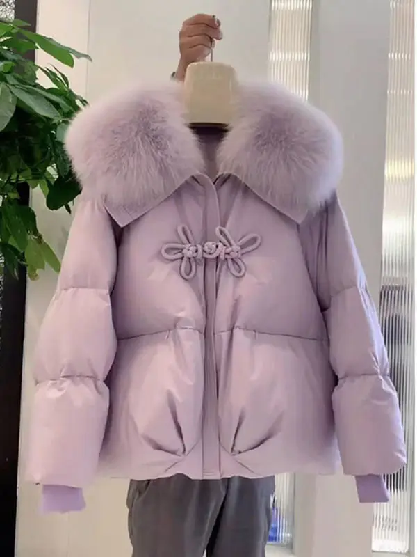 

2025 Winter New Casual Big Fur Collar Dial Buckle Padded Jacket Women Parkas Chinese style thick Warm Cotton Coat Female