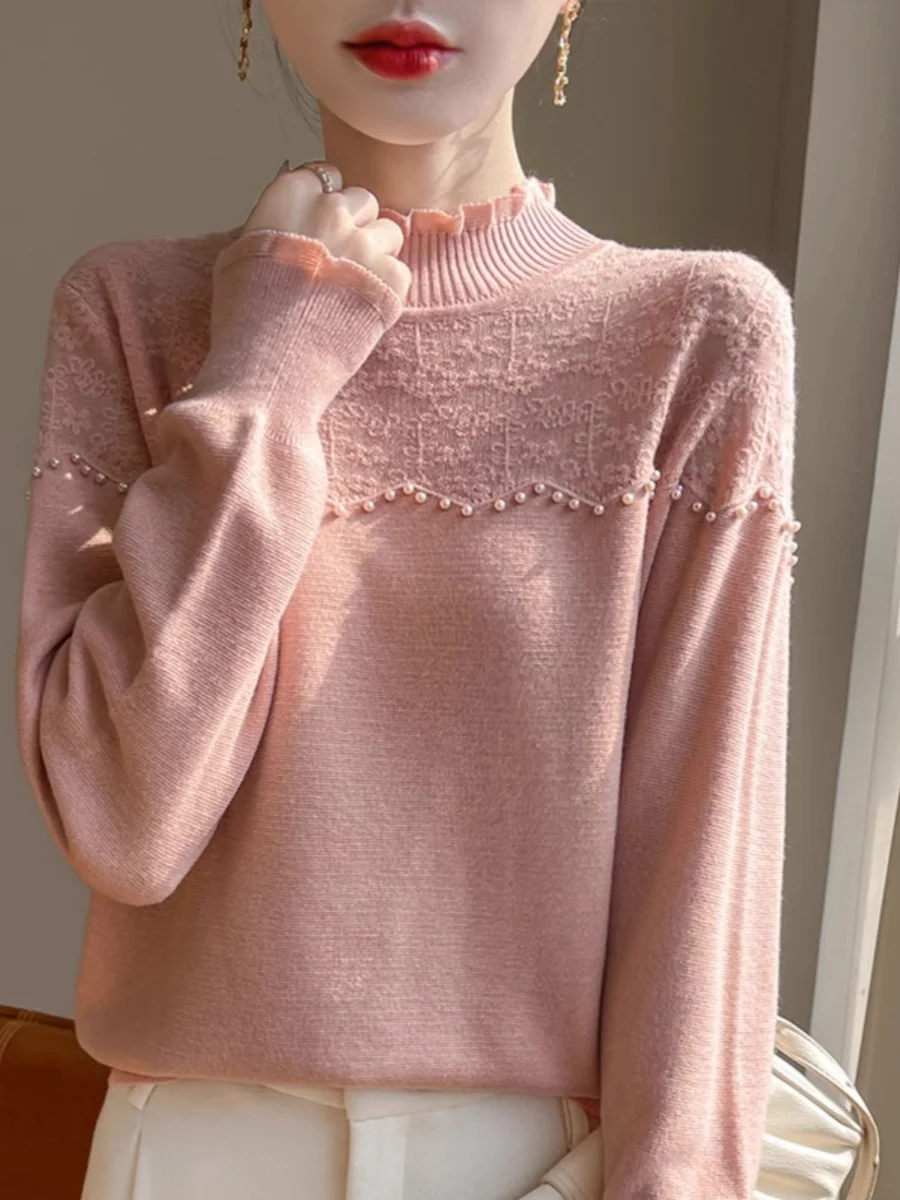 Faionable Embellied Knit Sweater Women's f High Collar Pearl Hook Flower Knitted Top Outerwear Super Sli Autumn Wi...