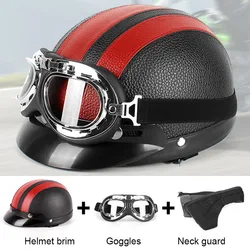 Classic Stripe Motorcycle Safety Helmet Fashion Men Women PU Leather Vintage Motor Electric Scooter Goggles Half Helmets