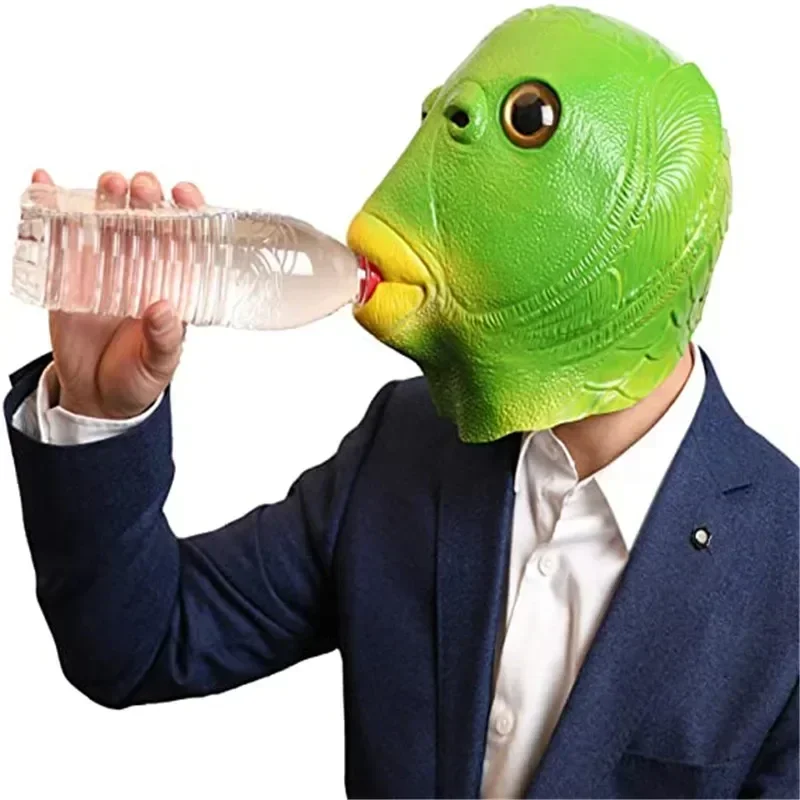 Funny Cosplay Mask for Men and Women Adult Party Fish Head Mask Headdress for Makeup Party Green Head Fish Hood Animal Latex