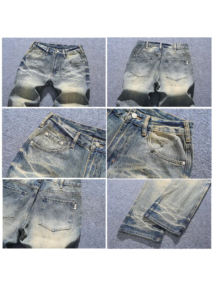 جينز قديم للرجال، فضفاض مستقيم الساق مغسول من قماش الدنيم القديم، أزياء ثقيلة راقية، سراويل حضرية وسيم