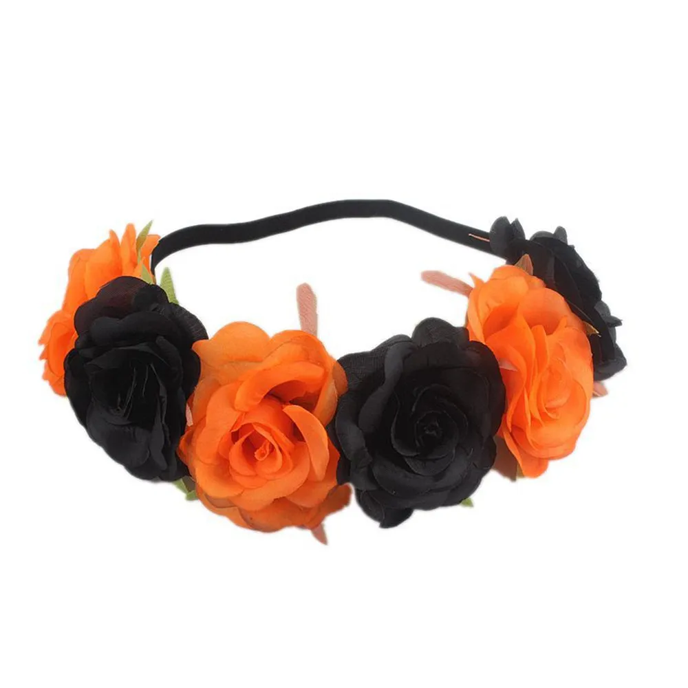 Womens Mexican Simulated Rose Flower Crown Headband Day of The Dead Halloween Headpiece Colorful Fake Stamen Party Hair Hoop