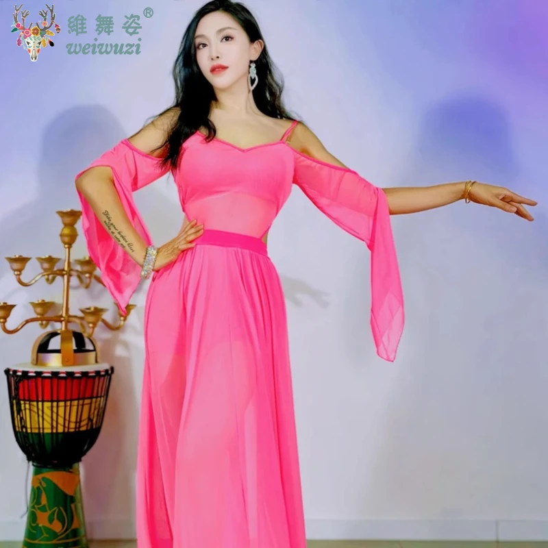 Belly Dance Costume Set for Women Mesh Long Sleeves Top+gauze Long Skirt Training Set Sexy Oriental Belly Dancing Wear Outfit