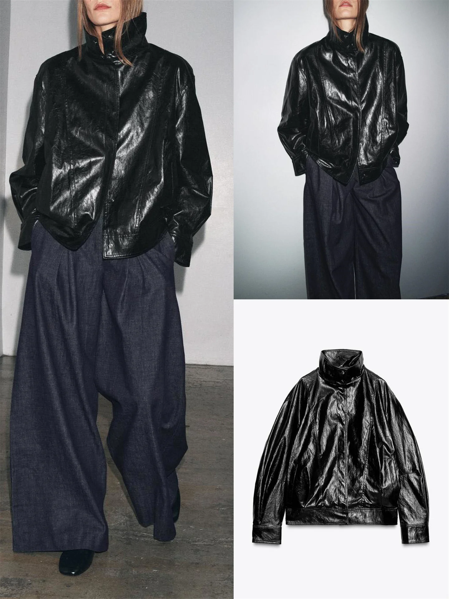 ini Pelle Jaet Collo alto Lungo Sve Cappotto casual in pelle PU con orlo gonfio da donna per la stagione autunnale 354825