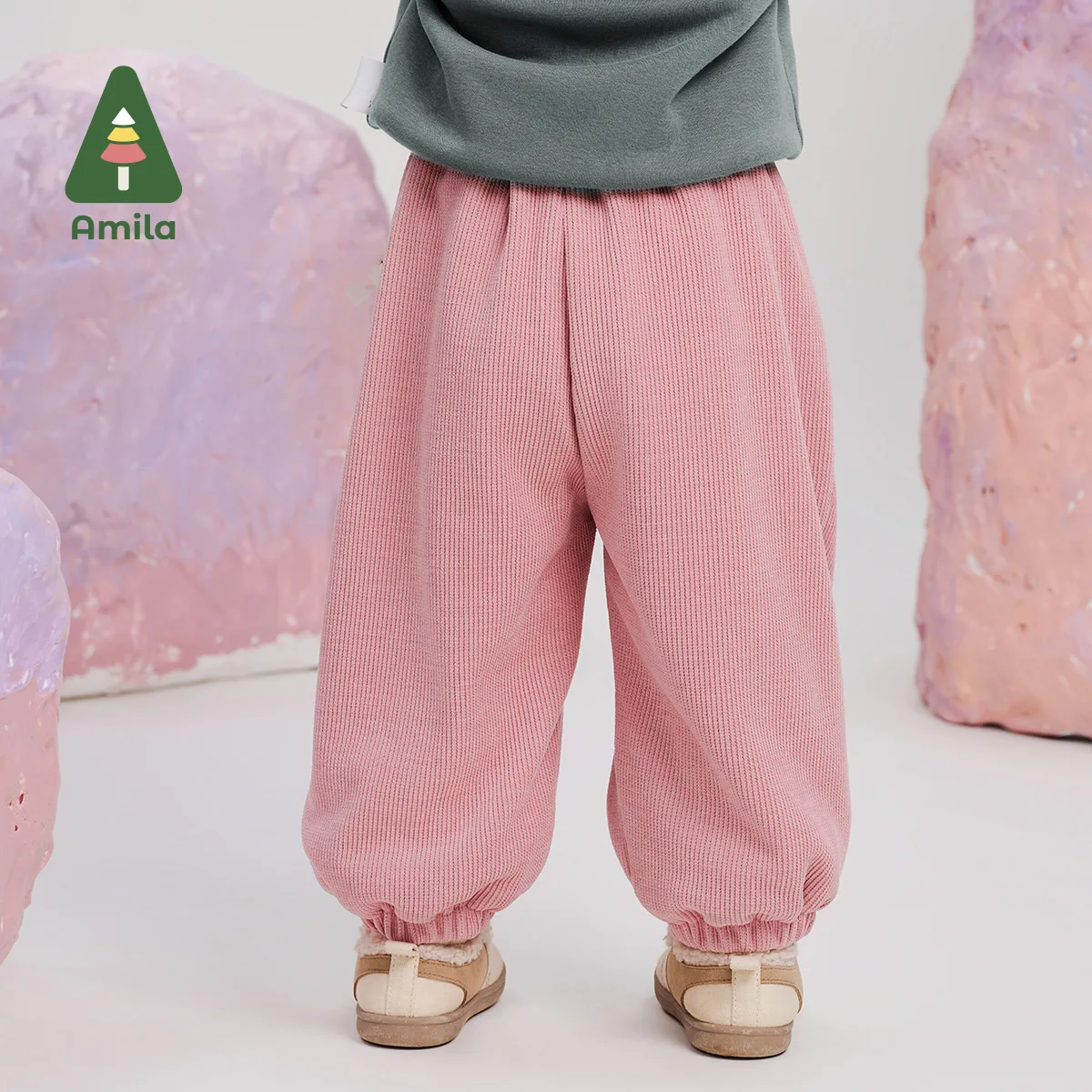 Amila Baby Trousers 2024 Winter New Contrast Color Girls Solid Color Cute Warm Plus Velvet Skin-Friendly Children\'s Casual Pants