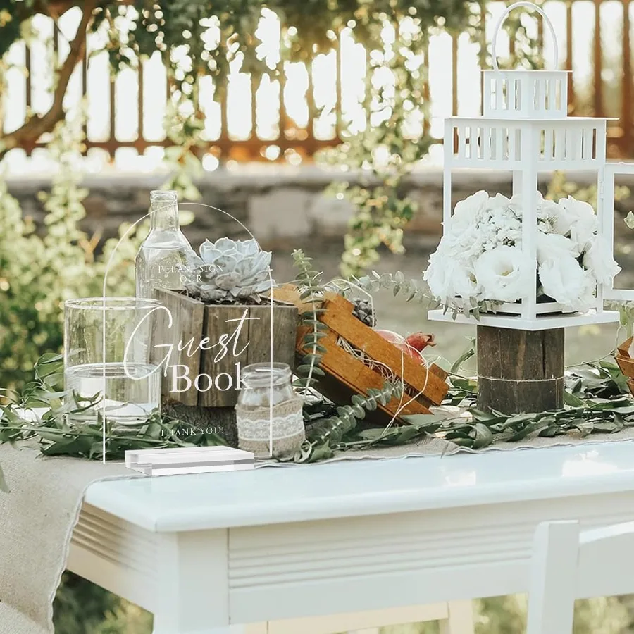 علامة كتاب الضيوف على شكل قوس أكريليك 5 × 7 Ih بطاقات زفاف شفافة 1 8 خط حديث سميك وحامل حروف بيضاء مقوسة من الأكريليك C