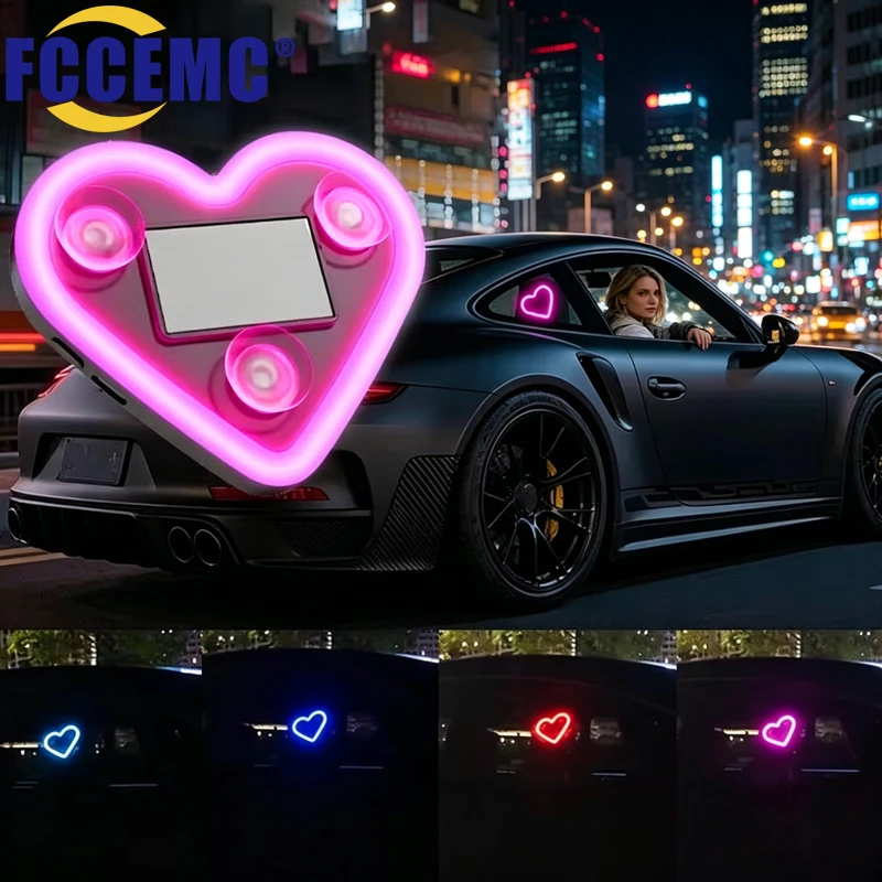 Solar Glowing Heart Ambient Light Wiring Free Rechargeable LED Atmosphere Neon Lamp For Car Interior Triangle Window Decoration
