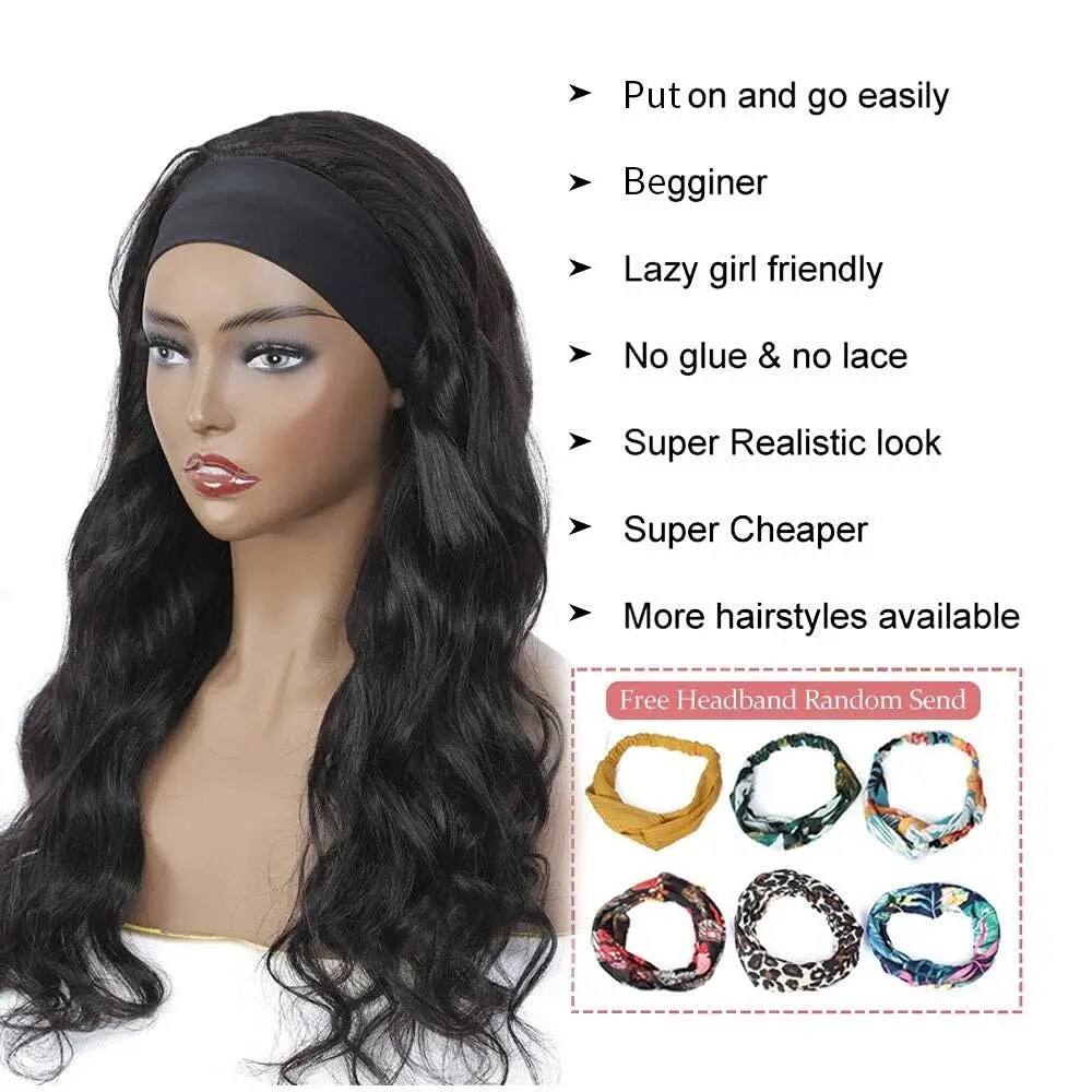 Body Wave Headband Human Hair Scarf Wig Brazilian Virgin Human Hair Wigs for Black Women Headband Machine Made Body Wave Wigs