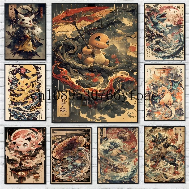 

Classic Anime Pokemon Canvas Painting Bulbasaur Charmander Squirtle Poster Watercolor Wall Art Picture Home Decor Kids Gifts