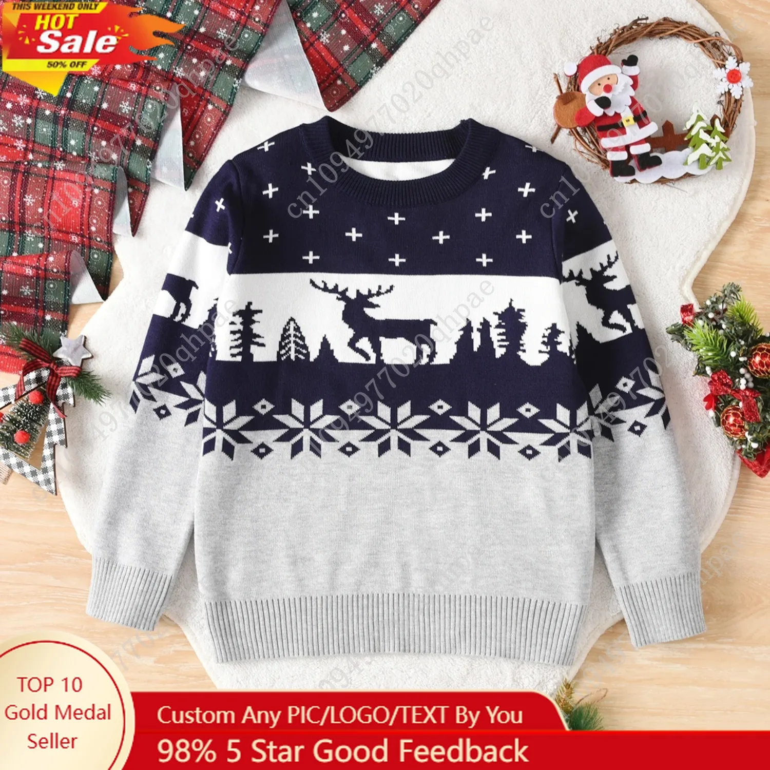 

Boys' Christmas reindeer contrasting sweater pullover for spring, autumn, winter