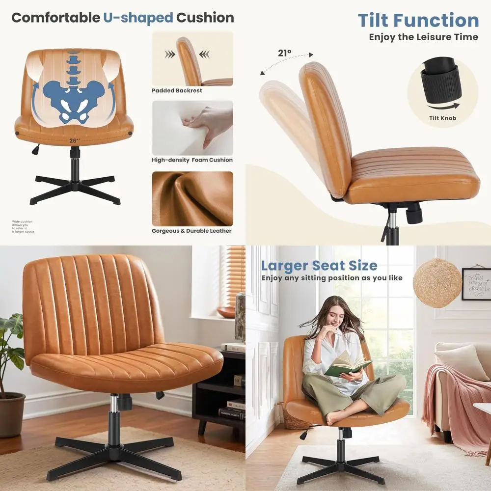 

Широкое удобное поворотное кресло без колесиков и подлокотников, регулируемое по высоте, из коричневой кожи, для домашнего офиса и использования у туалетного столика