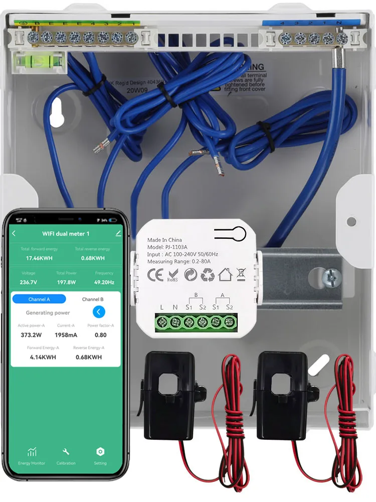 Intelligenter Bidirektionaler WLAN-Energiezähler mit CT 80A für Solar-Systeme, Alarm bei Überlastung, App-Fernüberwachung von Export- und Importleistung, Kompatibel mit Tuya