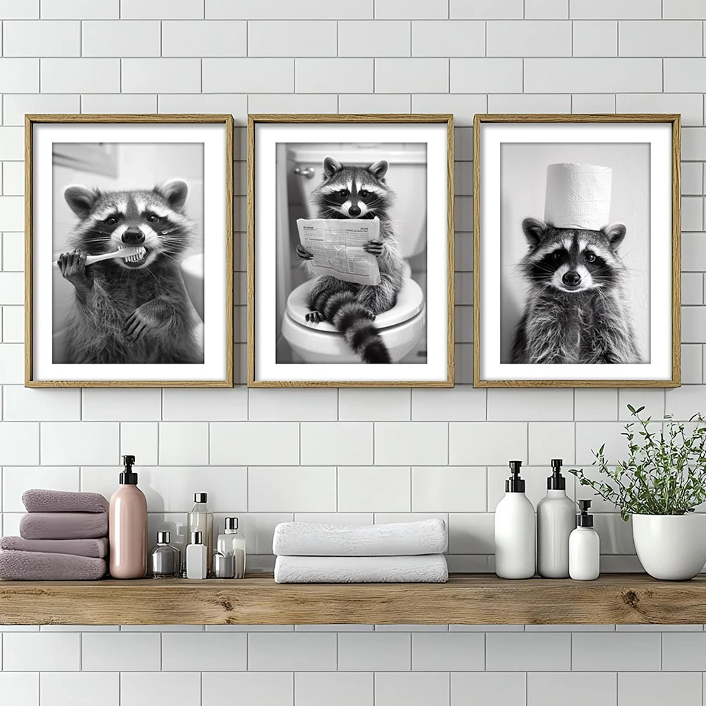 Cute Raccoon Sitting on Toilet Brushing Teeth & Paper on Head Painting Canvas Painting Fun Toilet Canvas Pictures Bathroom Decor