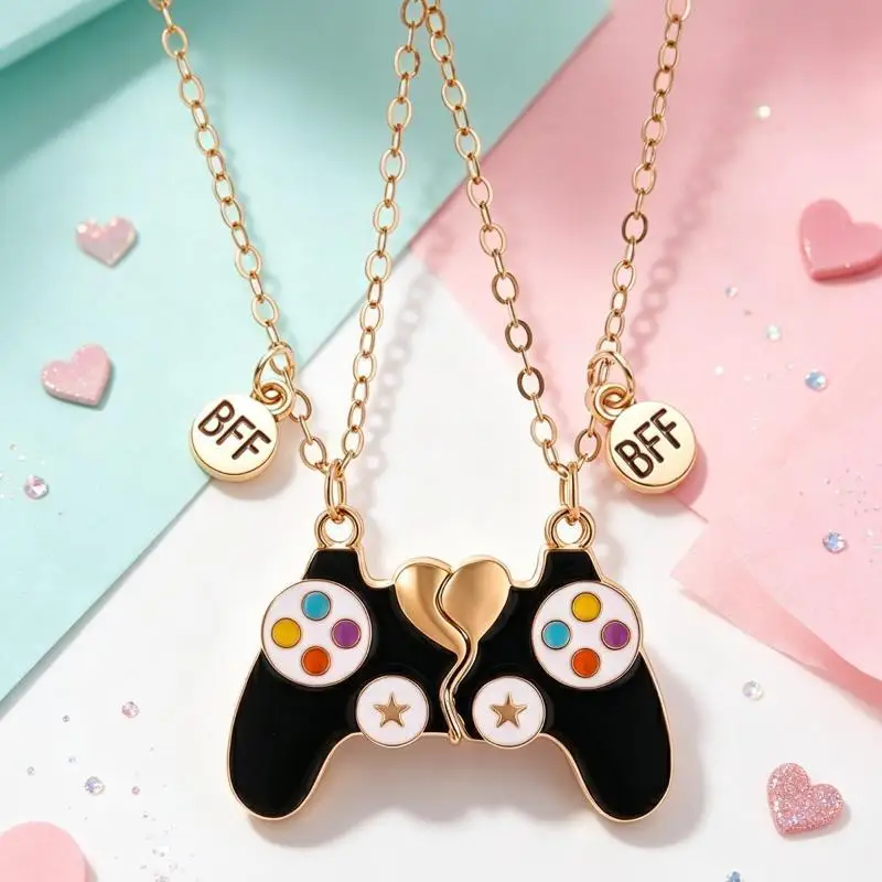 2 Pcs Game Console Handle Magnet Best Friends Pendant Necklace Chain Cute BFF Friendship Jewelry Charm