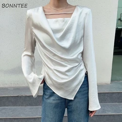 T-shirts Women Shirring Design Folds Loose Elegant Tops Long-sleeve French Style Autumn Soft Leisure  OOTD Satin Aesthetic