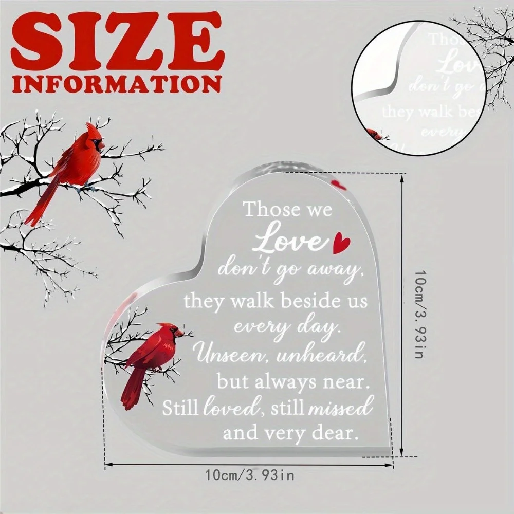Unique Home/Office Decor – Cardinal Design Heart Acrylic Memorial Sign, Thoughtful Her/Sister Birthday Gift