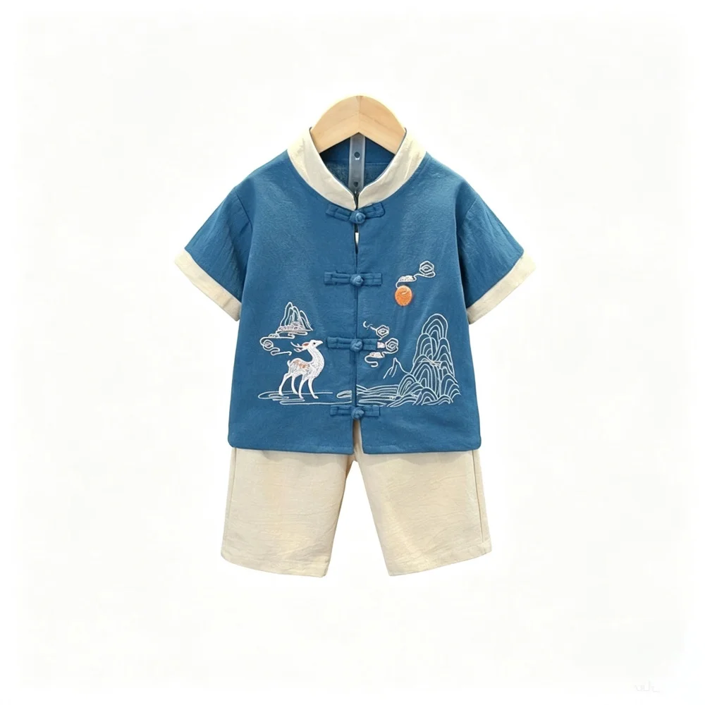 Kids Summer Chinese Style Hanfu Boys Short Sleeve Tang Suit Embroidered Deer National Clothing Festival Costume