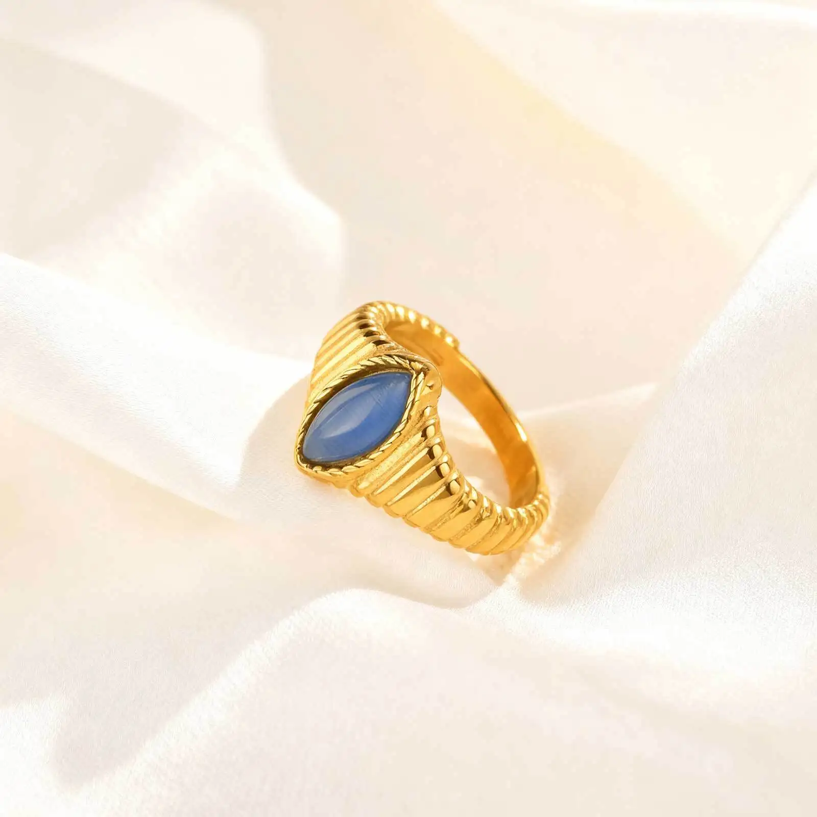 Vnox Classic Gold Plated Geometric Ring For Women Stainless Steel Natural Gemstone Inlay Fashion Jewelry