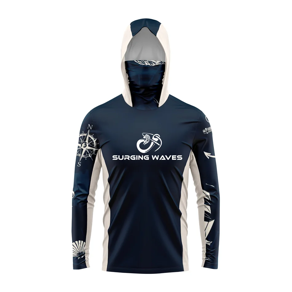 Surging Waves Colorful Hoodie with Face Mask UV 50+Gaiter Fishing Clothing Men's Long Sleeved Breathable Quick Drying T-shirt