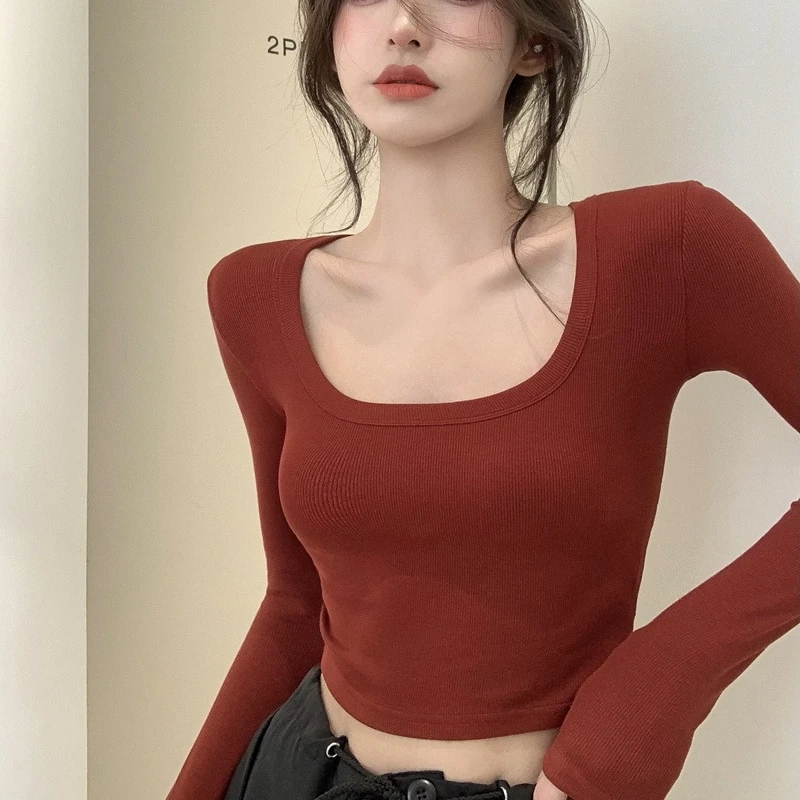 Women\'s Long Sleeve Square Neck Crop Top Ribbed Slim Fitted Knitted Tops Tees Y2K Casual Solid Cotton T-Shirt Fashion INS Tops