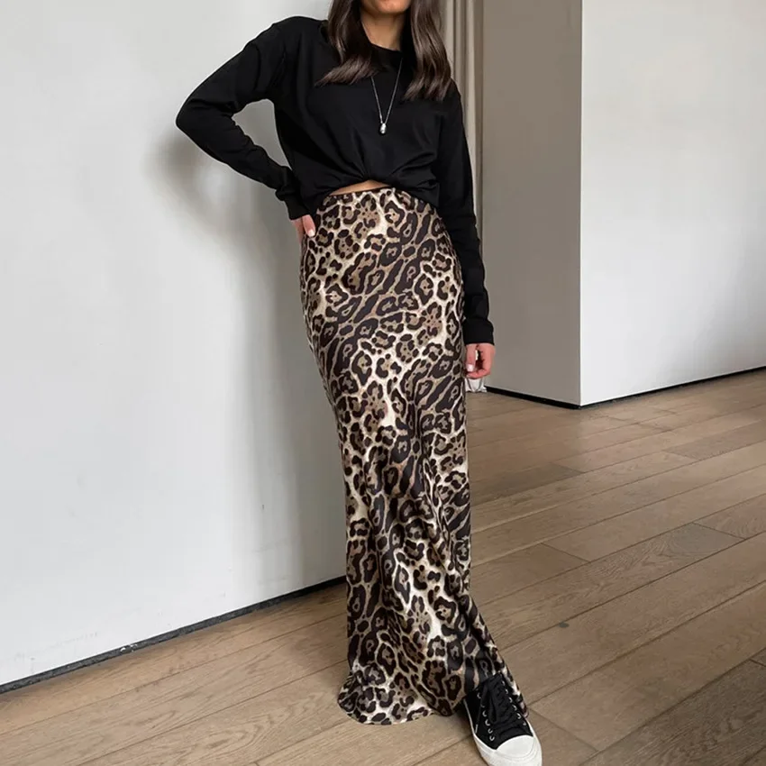 Saia longa com estampa de leopardo feminina, saia cauda de peixe, casual, combina tudo, sexy, temperamento, novo, moda outono, roupas para meninas, 2024